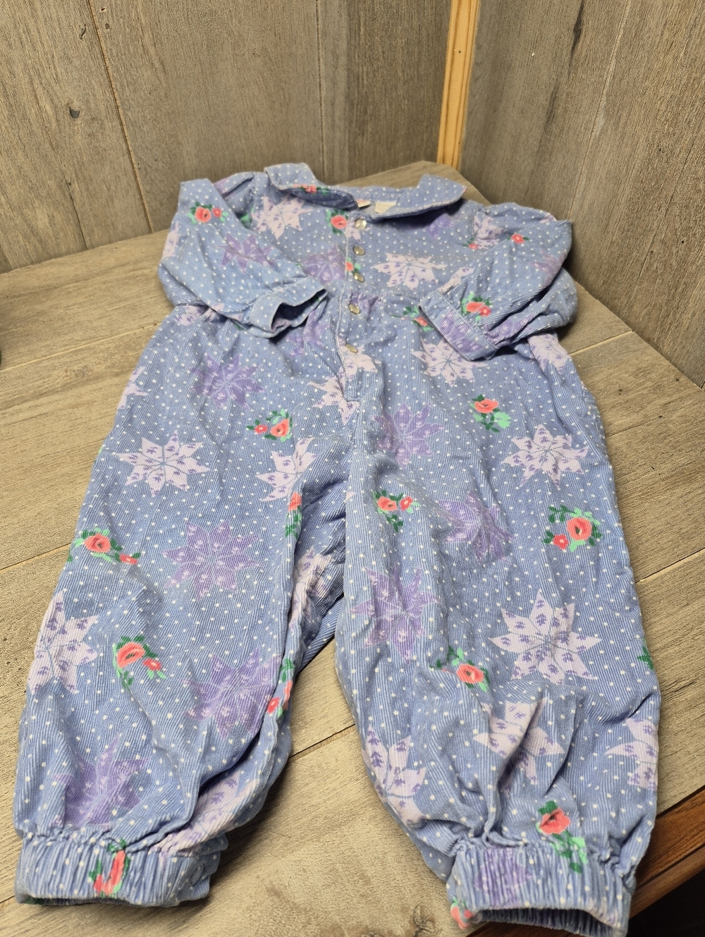 Vintage Talbots Kids Romper Button Up Flowers Blue (Size 18M)